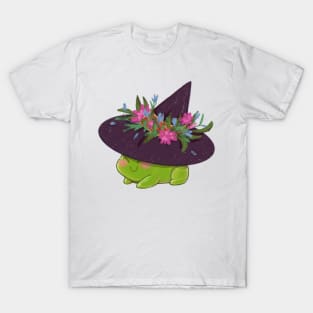 Witchy frog wearing pointy witch hat with flowers T-Shirt